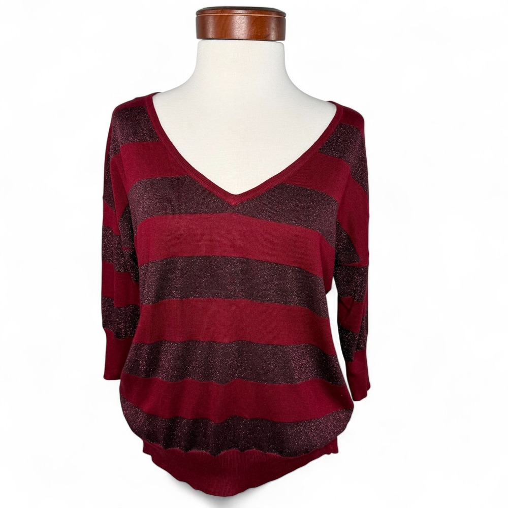 The Limited Silk Cashmere Striped Sweater Red Metallic V-Neck Top Size Small NWT